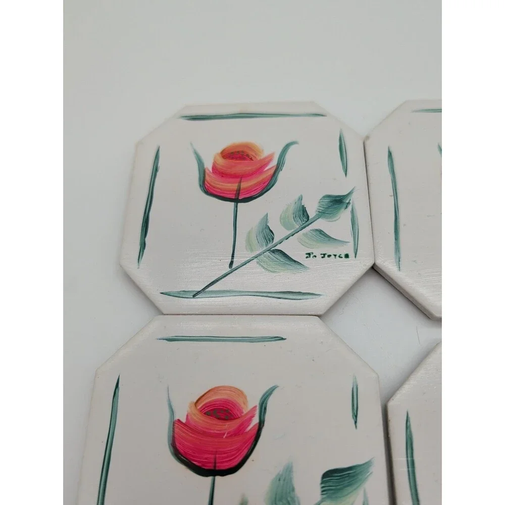 4 Vtg Jo Joyce Hand-painted Tile Coasters Rose Tulip Floral Grandma Core Cottage